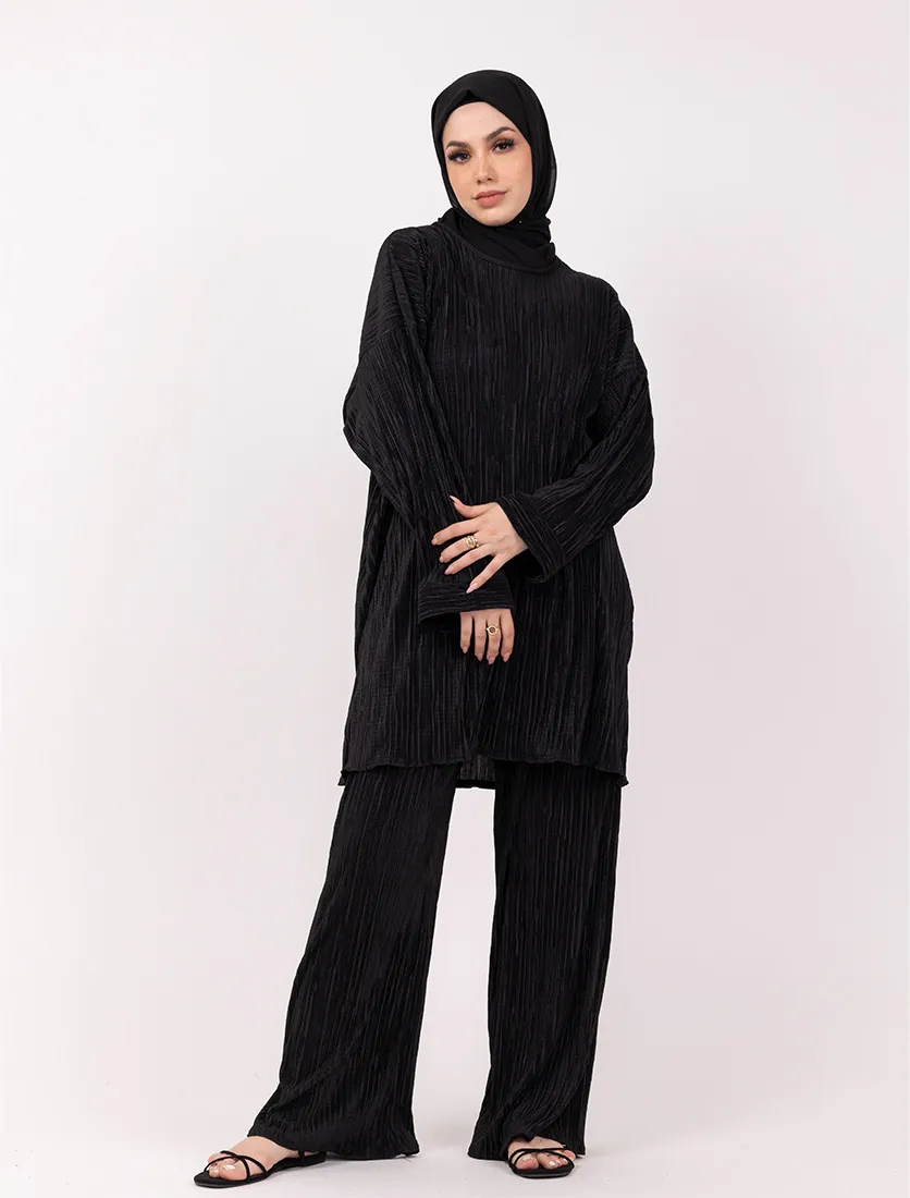 Black Midi Plisse Co Ord